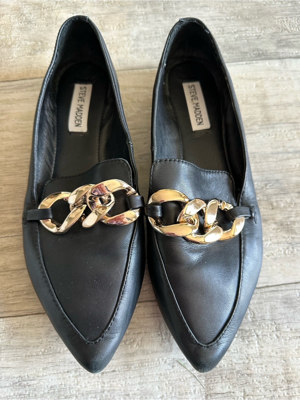 Steve Madden Chain Loafers Black Leather Gold Size 9